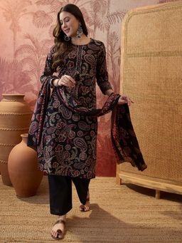 Vastramyaa - Women Black Cotton Floral Print Kurta With Pant & Dupatta