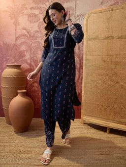 Vastramyaa - Women Rayon Navy Blue Printed Straight Kurta With Pant