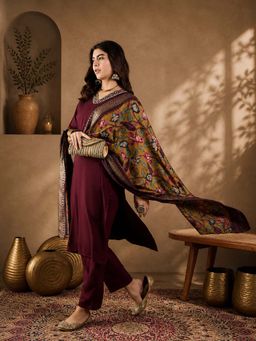 Vastramyaa - Women Maroon Straight Kurta With Pant & Dupatta