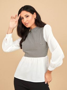 Styli - White Long Sleeves High Neck Monochrome Blouse