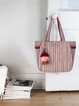 Anekaant - Geomatic Grey, Maroon & Multi Cotton Acrylic Striped Jacquard Tote Bag
