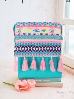 Anekaant - Geomatic Turquoise Blue & Pink Cotton Acrylic Canvas Ethnic Motifs Jacquard Sling Bag
