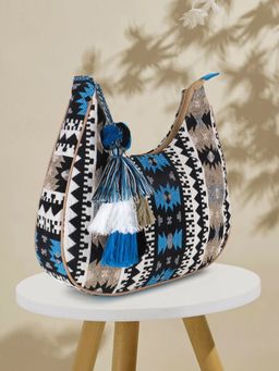 Anekaant - Tribal Beige & Aqua Cotton Canvas Geometric Jacquard Sling Bag