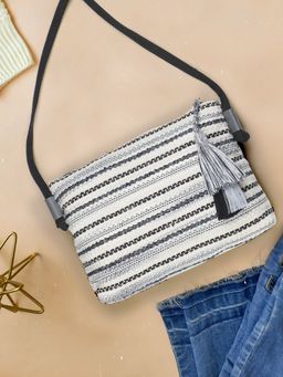 Anekaant - Geomatic Black & Silver Cotton Acrylic Canvas Striped Jacquard Sling Bag