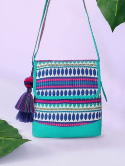 Anekaant - Geomatic Aqua & Multi Cotton Canvas Geometric Jacquard Sling Bag