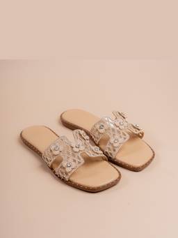 VANSON - Beige Bloom Cutwork Crystal Flats