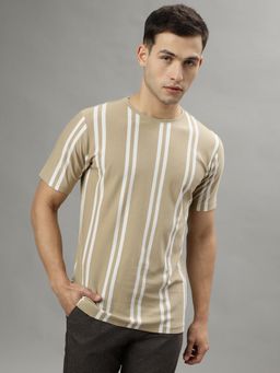 LINDBERGH - Men Beige Striped Crew Neck Short Sleeves T-Shirt