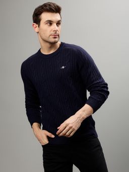 GANT - Men Blue Self Design Round Neck Full Sleeves Sweater