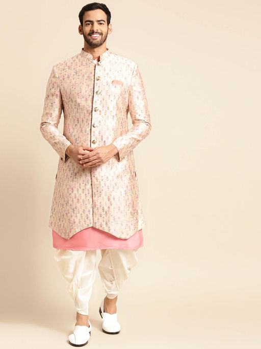 KISAH Cream Silk Blend Kurta with Sherwani and Dhoti Pant (Set of 3)