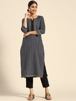 Gerua By Libas - Navy Blue Striped Cotton Kurta