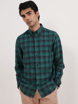 Andamen - Teal Viridian Grid Linen Slim Casual Shirt