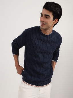 Andamen - Kint Structure Navy Mens Full Sleeve Pullover Regular Fit