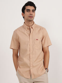 Andamen - Regular Fit Men Orange Dobby Half Sleeve Patch Pocket Casual Shirt