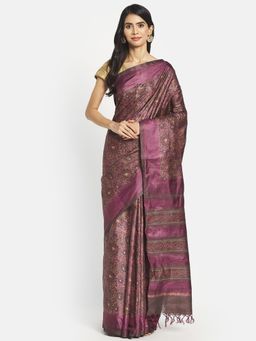 Fabindia - Purple Hand Block Print Silk Saree without Blouse