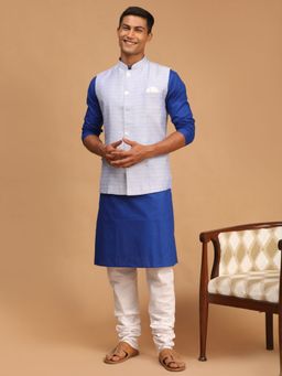 Vastramay - Mens Blue and White Cotton Blend Jacket - Kurta and Pyjama (Set of 3)