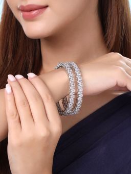 Yellow Chimes - American Diamond Silver Tone White AD Studded Bangles