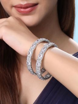 Yellow Chimes - Silver Tone White AD Studded Bangles 2 Pcs