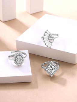 Yellow Chimes - Silver Tone Combo of 3 Pcs White AD Studded Adjustable Rings