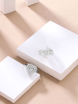 Yellow Chimes - Silver Tone Combo of 2 Pcs White AD Studded Adjustable Rings