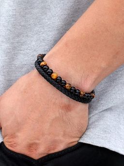 Yellow Chimes - Bracelet for Men Black & Orange Beaded Stretchable Bracelet