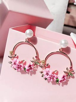 Yellow Chimes - Floral Pearl Circle Gold Plated Drop Earrings Multi-Color