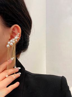 Yellow Chimes - Gold Tone One Side Pearl Beaded Stud & Other Side Stud with Chain Fringe Dangler