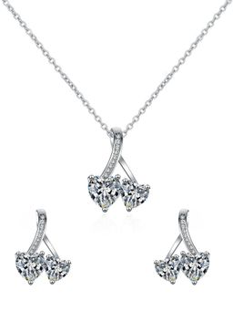 Yellow Chimes - White Dual Heart Crystal Pendant Necklace Set With Earrings