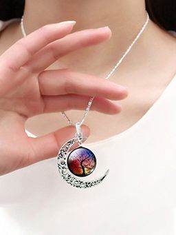 Yellow Chimes - Crescent Moon Life Tree Glass Cabochon Pendant Chain Necklace