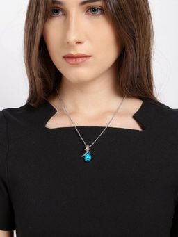 Yellow Chimes - Silver Toned Blue Flower Crystal Designer Pendant Necklace