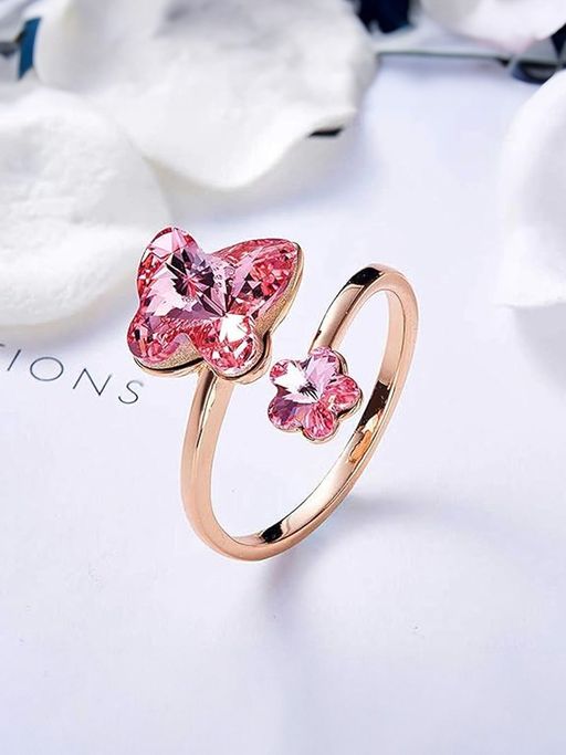 Yellow Chimes Rose Gold Toned Crystal Butterfly & Floral Designed Adjustable Ring