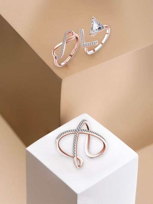 Yellow Chimes Adjustable Rose Gold Tone Crystal Rings Combo of 3