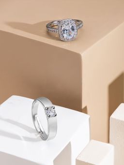 Yellow Chimes - Silver Tone Crystal Studded Adjustable Couple Ring