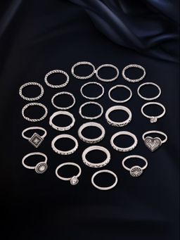 Yellow Chimes - Silver Oxidised Plated Aesthetic Ring Knuckle Rings Combo of 24 Pcs