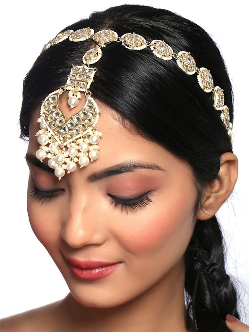 Yellow Chimes Gold Toned Kundan Pearl Studded Bridal Matha Patti Style Maang Tikka