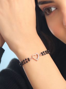 Yellow Chimes - Black Beads Heart Charm Rose Gold Plated Hand Mangalsutra Bracelet