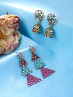 Yellow Chimes - Multi-Color Oxidized Gold Plated Jhumkas Combo of 2