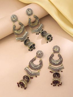 Yellow Chimes - Combo of 2 Traditional Multi-Color Oxidised Gold Plated Long Dangler Jhumkis