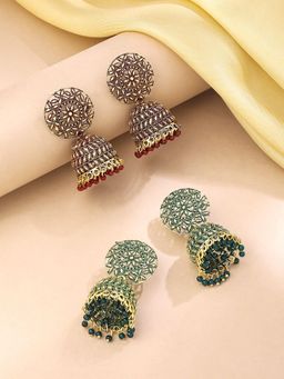 Yellow Chimes - Traditional Jhumka Earrings Oxidised Gold Plated 2 Pairs Combo Big Jhumka