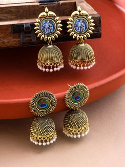 Yellow Chimes - Combo of 2 Traditional Oxidised Gold Plated Jhumkas