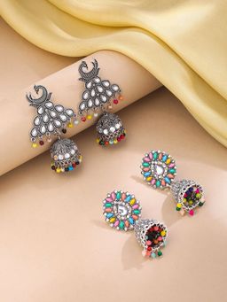 Yellow Chimes - Multi-Color Oxidized Silver Plates Jhumkas Combo of 2