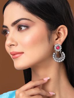 Yellow Chimes - Traditional Oxidised Silver Plated Chandbali Earrings