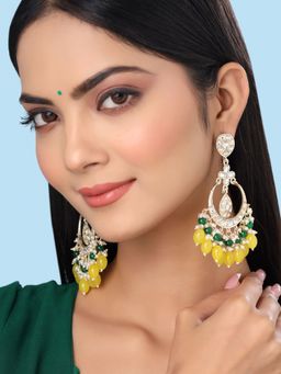 Yellow Chimes - Gold Toned Kundan Studded Green & Yellow Beads Drop Chandbali Earrings