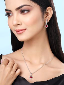 Yellow Chimes - Heart Designed Red Stone Studded Crystal Pendant Necklace Set