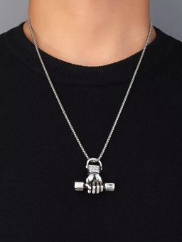 OOMPH - Men Dumbbell Silver Tone Pendant Necklace