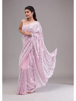 Koskii - Baby Pink Embellished Sequined Georgette Saree with Unstitched Blouse