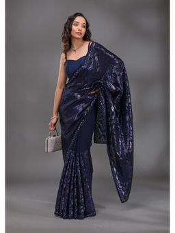 Koskii - Navy Blue Sequined Mirror Work Georgette Saree with Unstitched Blouse