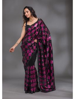 Koskii - Pink and Black Sequined Mirror Work Georgette Saree with Unstitched Blouse