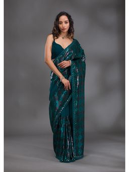 Koskii - Peacock Teal and Black Sequined Mirror Work Georgette Saree with Unstitched Blouse