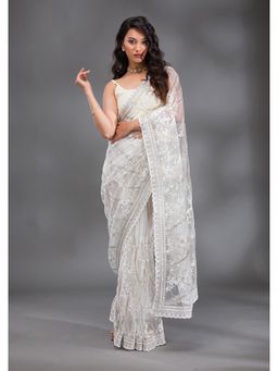 Koskii - Off White Embroidered Sequined Net Saree with Unstitched Blouse