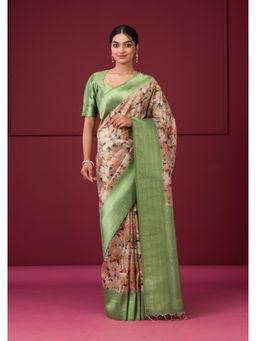 Koskii - Beige and Green Printed Woven Art Silk Saree with Unstitched Blouse